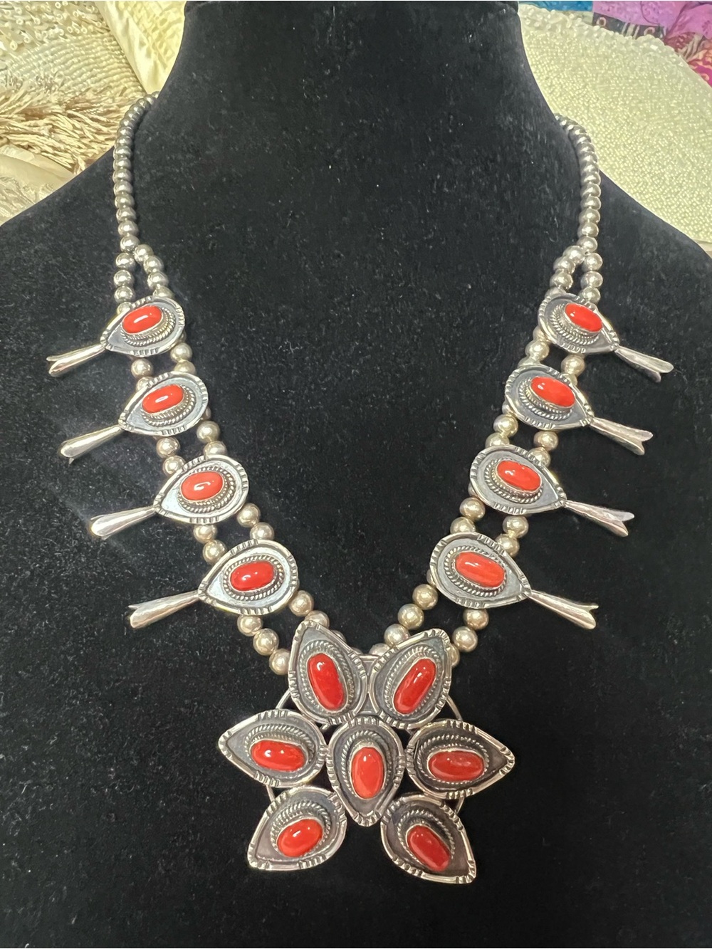 Sterling Silver Coral Squash Blossom Necklace 93g
